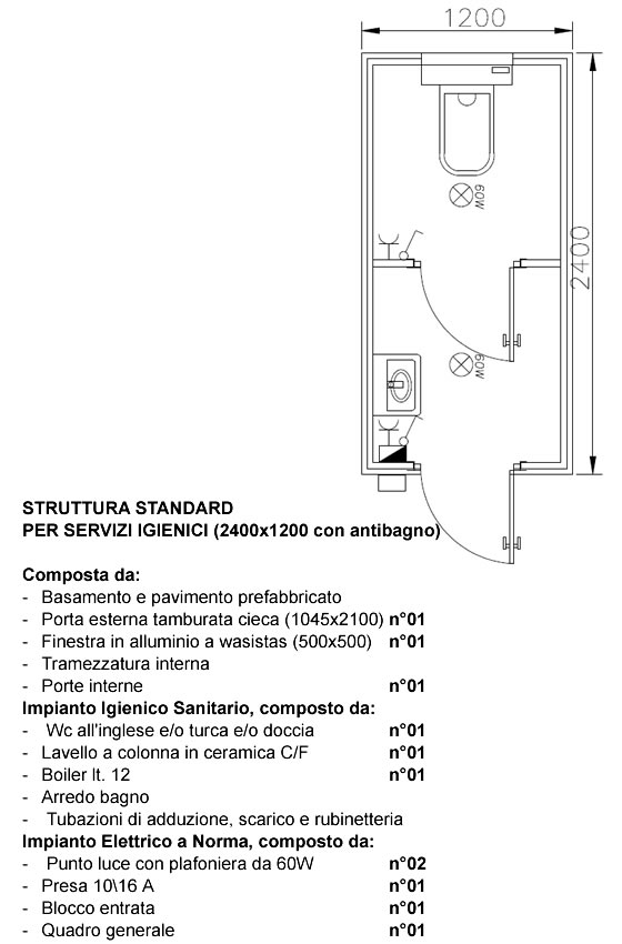 Monoblocco uso servizi con antibagno - 2400x1200