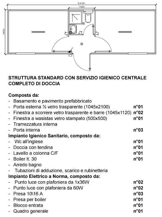 Monoblocco standard con servizio igienico centrale e doccia